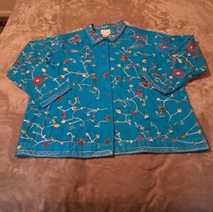 The Quacker Factory Vintage Cotton Blue Beaded Butterfly Jacket Sz Plus 1X.